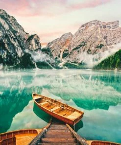 Leinwandbild LAGO DI BRAIES - Türkis-braun - 50 X 70 Cm