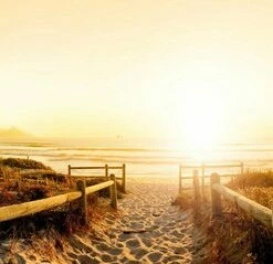 Leinwandbild SONNENUNTERGANG AM STRAND - Grün-gelb - 100 X 40 Cm