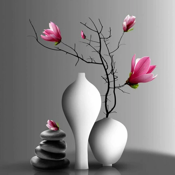Leinwandbild MAGNOLIE IN VASE - Pink-grau - 50 X 50 Cm