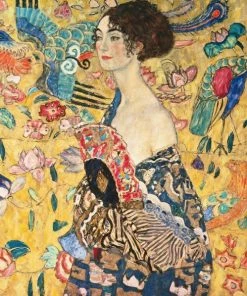 Leinwandbild DAME MIT FÄCHER - Gelb-blau - 50 X 50 Cm